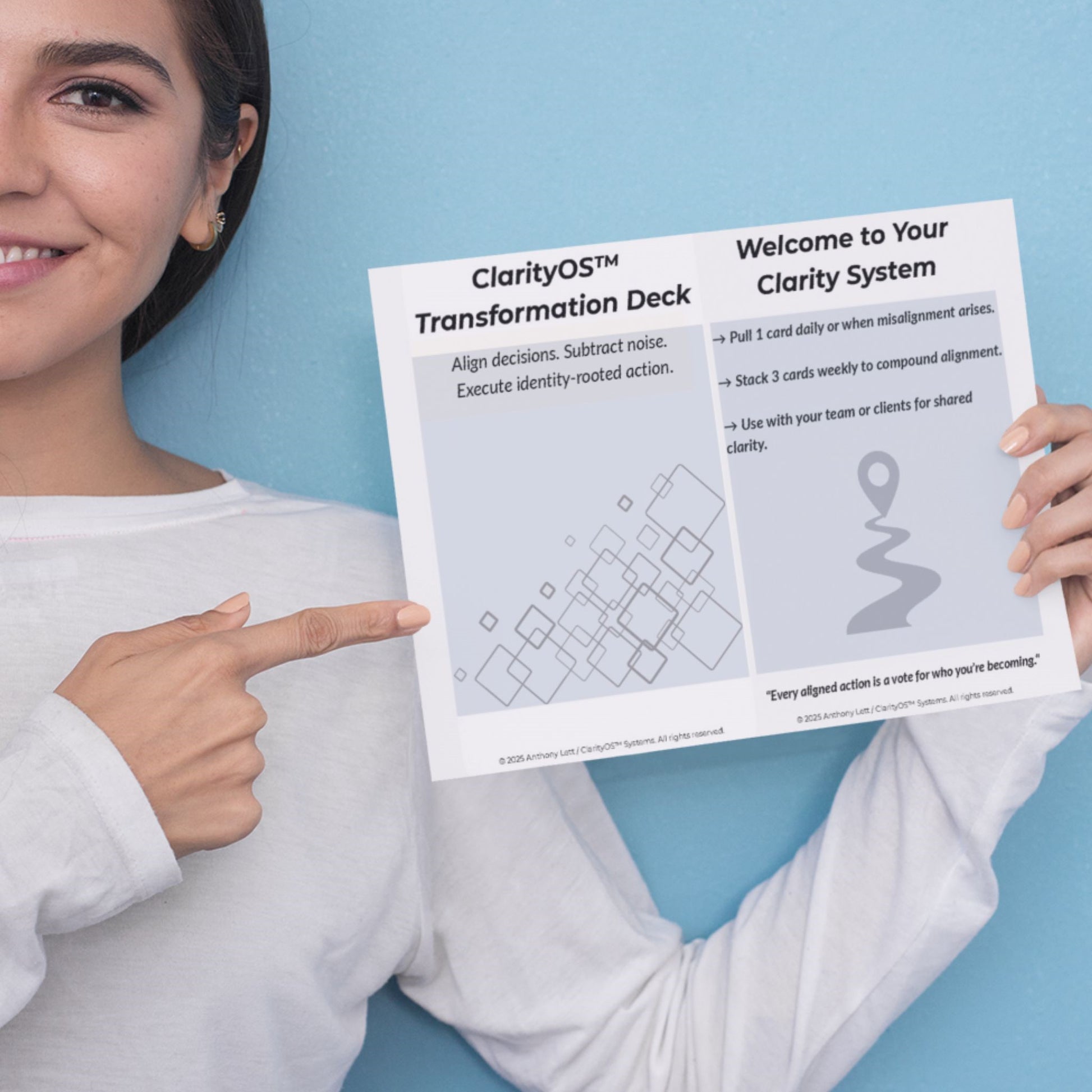 ClarityOS Transformation Deck displayed from side angle – clarity tools for leaders, founders, and professionals.
