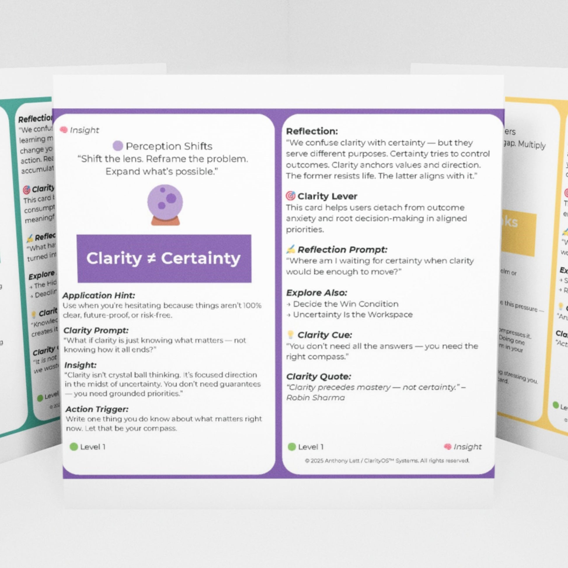 Sample cards from the ClarityOS Transformation Deck showcasing clarity prompts and decision frameworks.