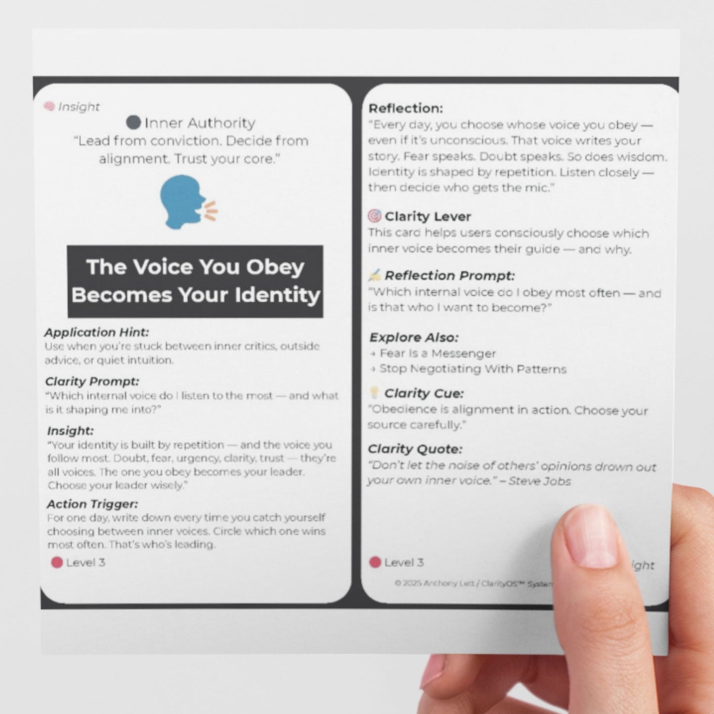 Close-up of ClarityOS Transformation Deck cards highlighting leadership clarity techniques and insights.