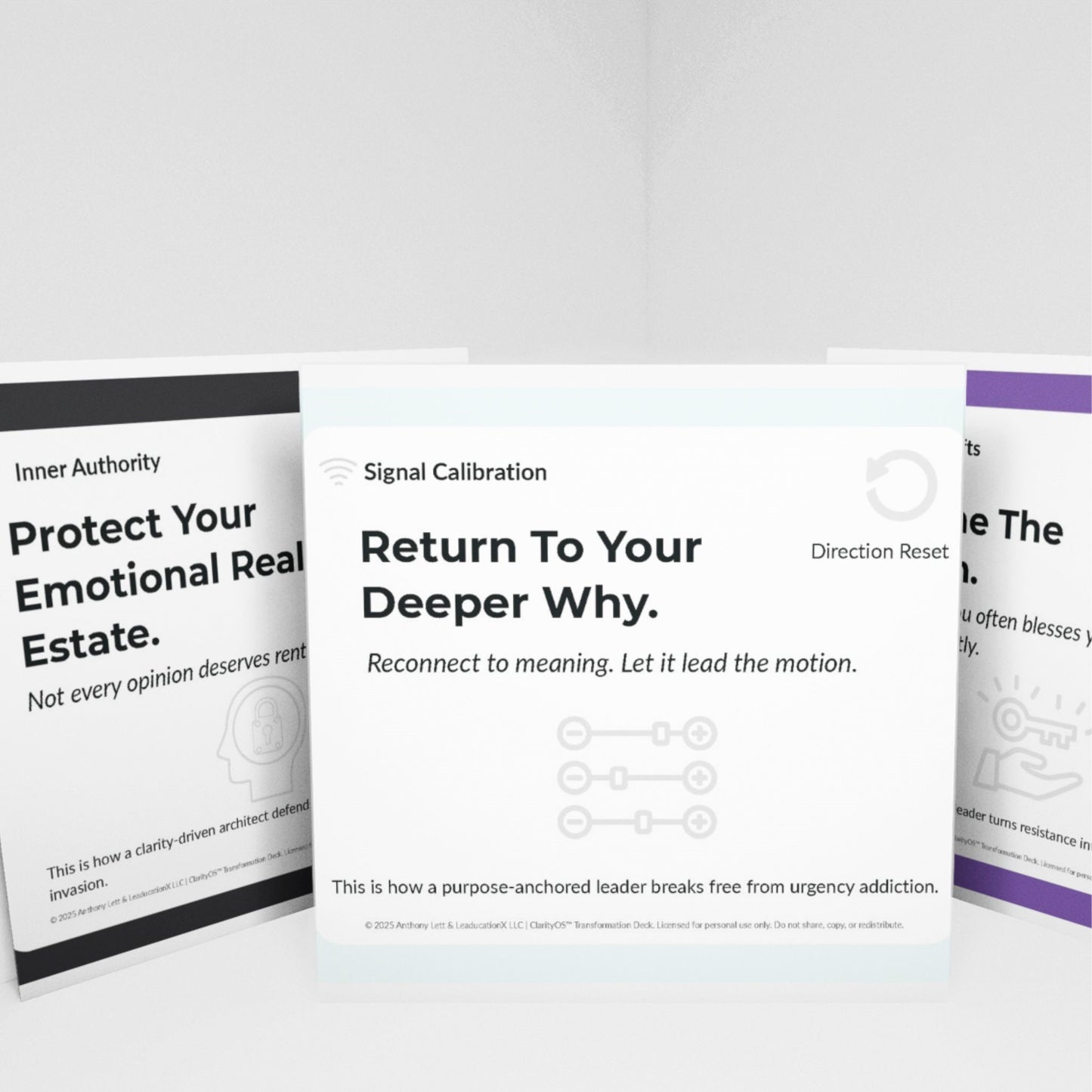 Clarity Mode Cards Deck shown in use – leadership decision-making and clarity exercises.
